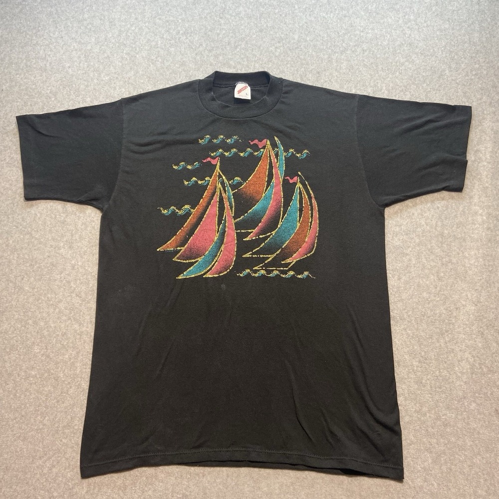 Vintage Sail Boats Black T-Shirt Size L Single‎ Stitch 90s  Made In USA